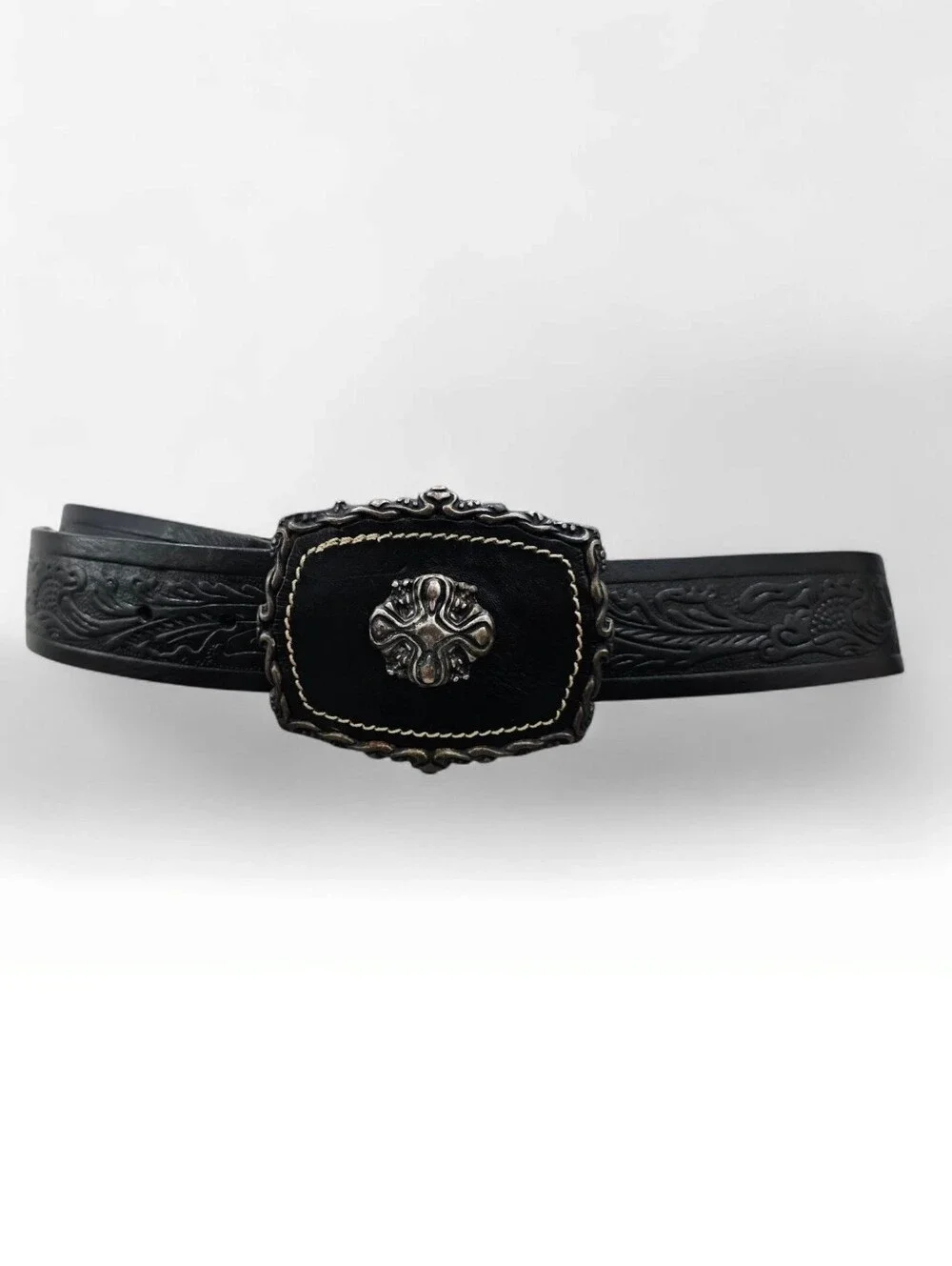 SANGIORGIO Italy Blk Embossed Large Ornate Buckle Western Gothic Leather Belt M